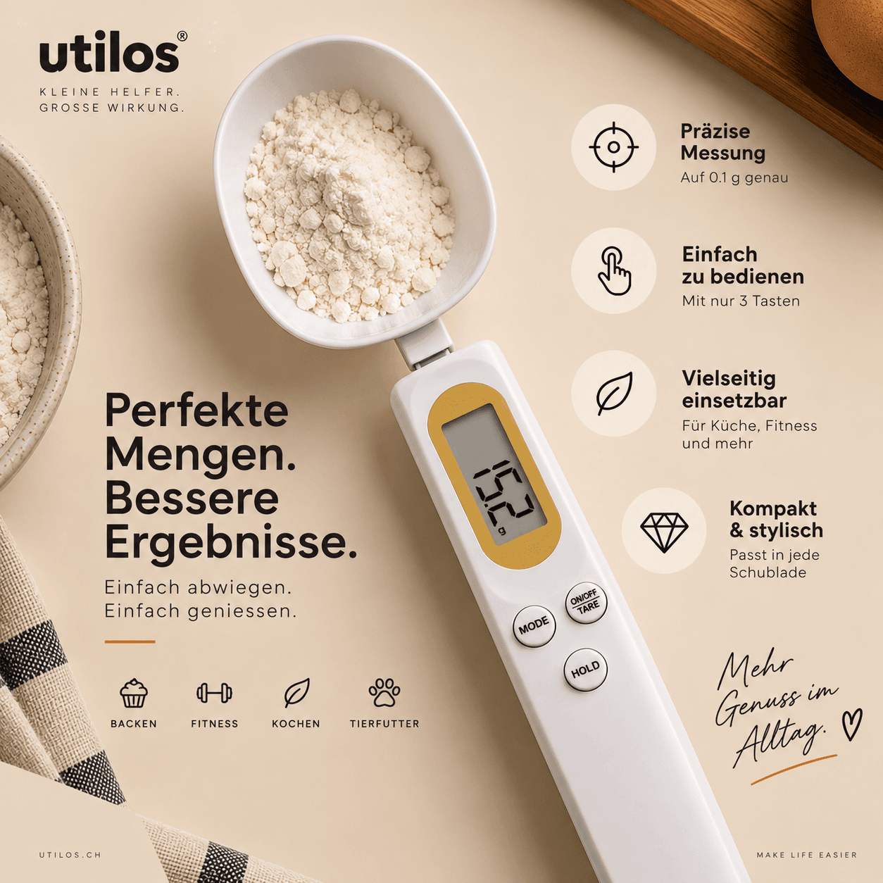Vier Eigenschaften der Löffelwaage: Tara, Hold, Einheiten, Löffelformat