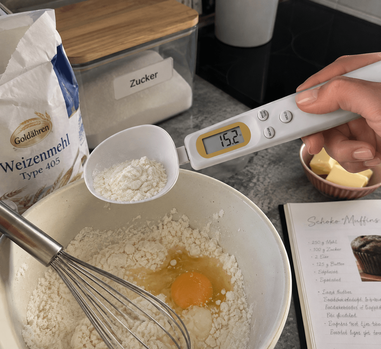 Löffelwaage wiegt Mehl über einer Rührschüssel für ein Backrezept