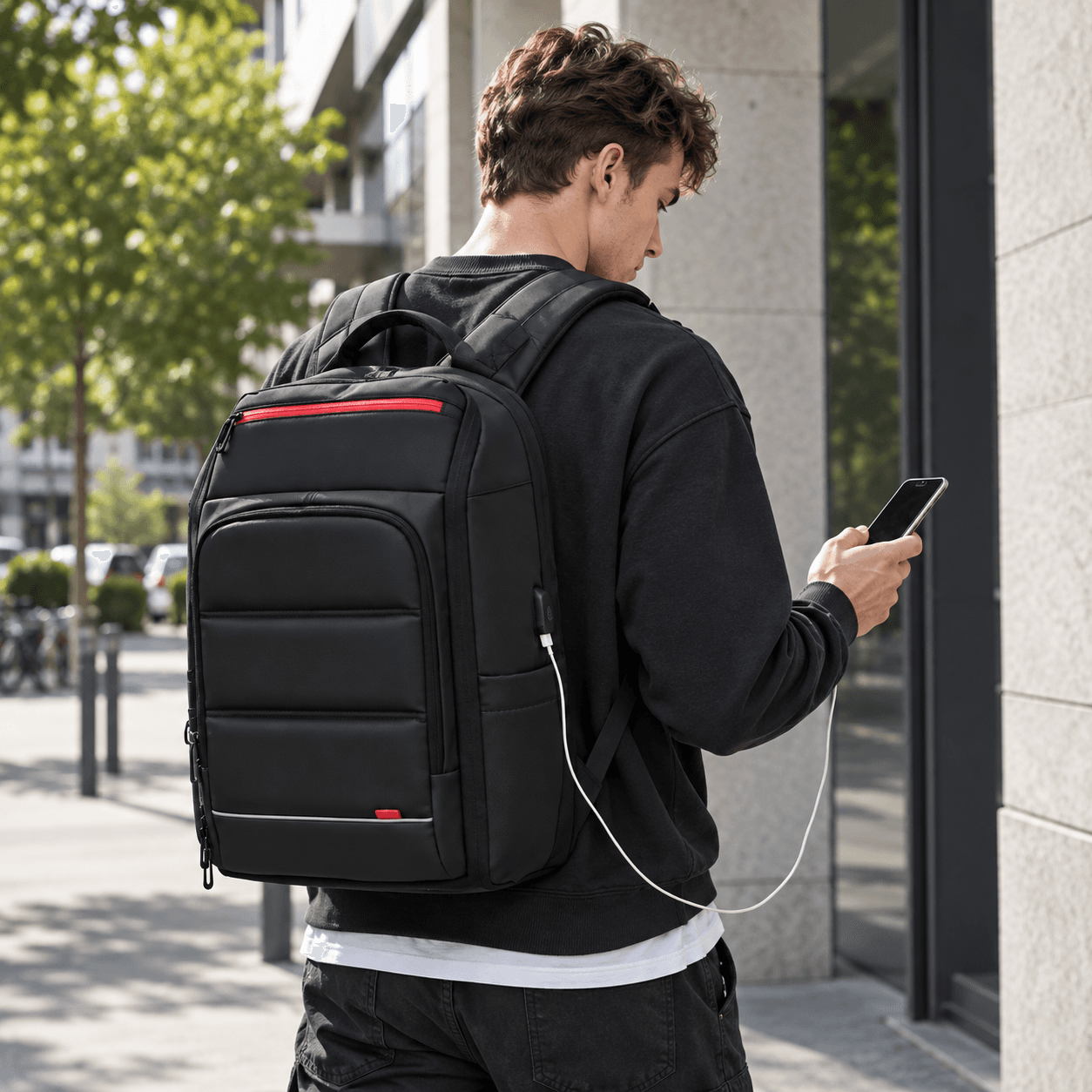 Mann trägt den Rucksack auf dem Rücken und lädt sein Handy über den USB Anschluss