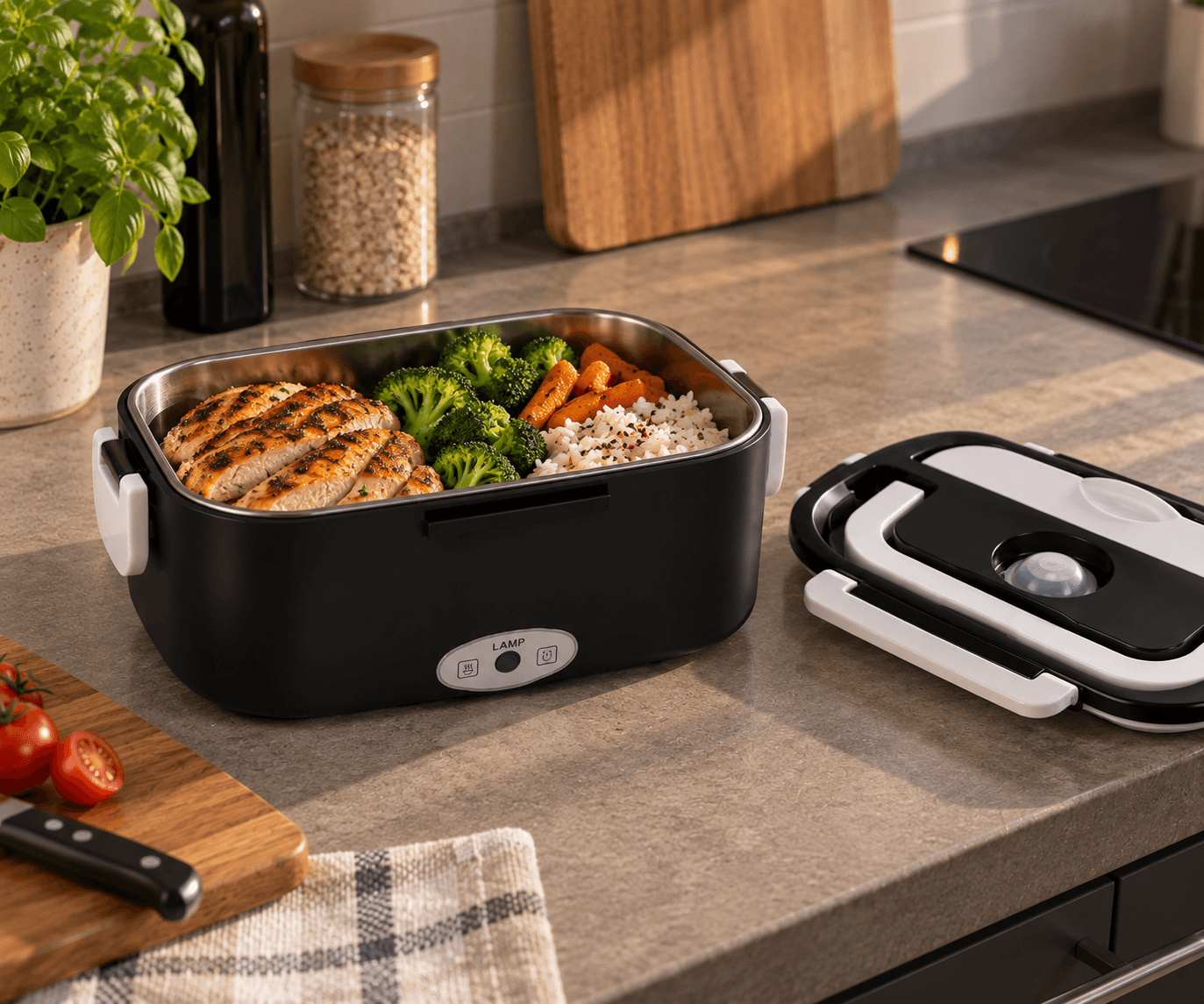 Offene Lunchbox mit Poulet, Reis und Gemüse, der Deckel liegt daneben
