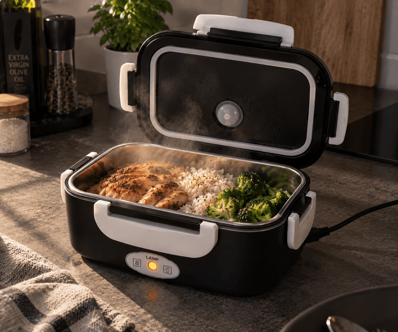Aufgeklappte Lunchbox mit Edelstahl-Innenbehälter und warmem Essen