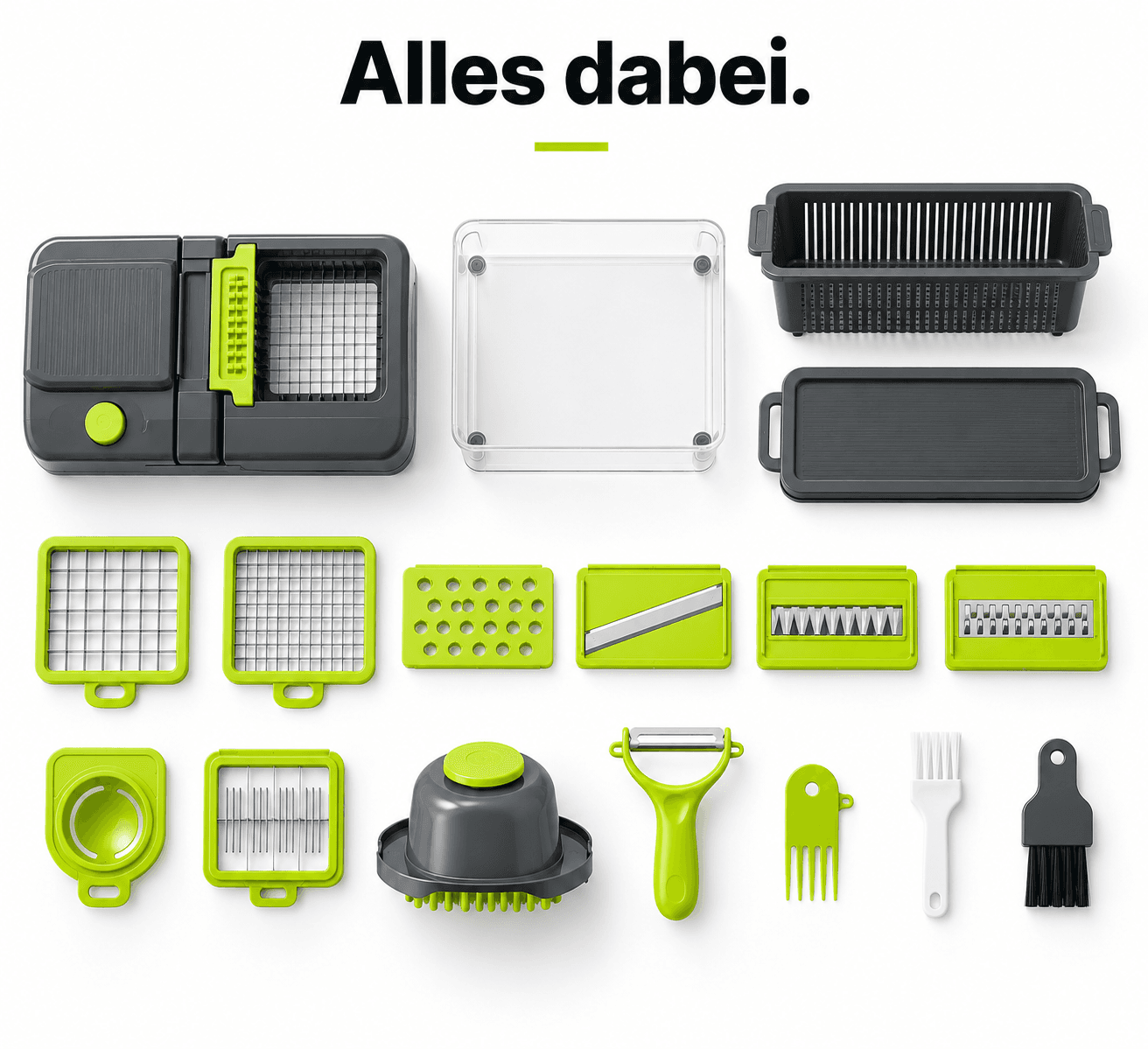 Alle Teile im Überblick: Grundgerät mit Auffangbehälter, Deckel, Abtropfsieb, Wechsel-Einsätze, Handschutz, Sparschäler und Reinigungsbürsten