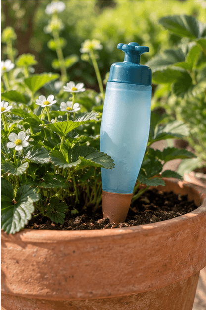 Der Dripper in einem Terracotta-Topf mit Erdbeerpflanze im Freien