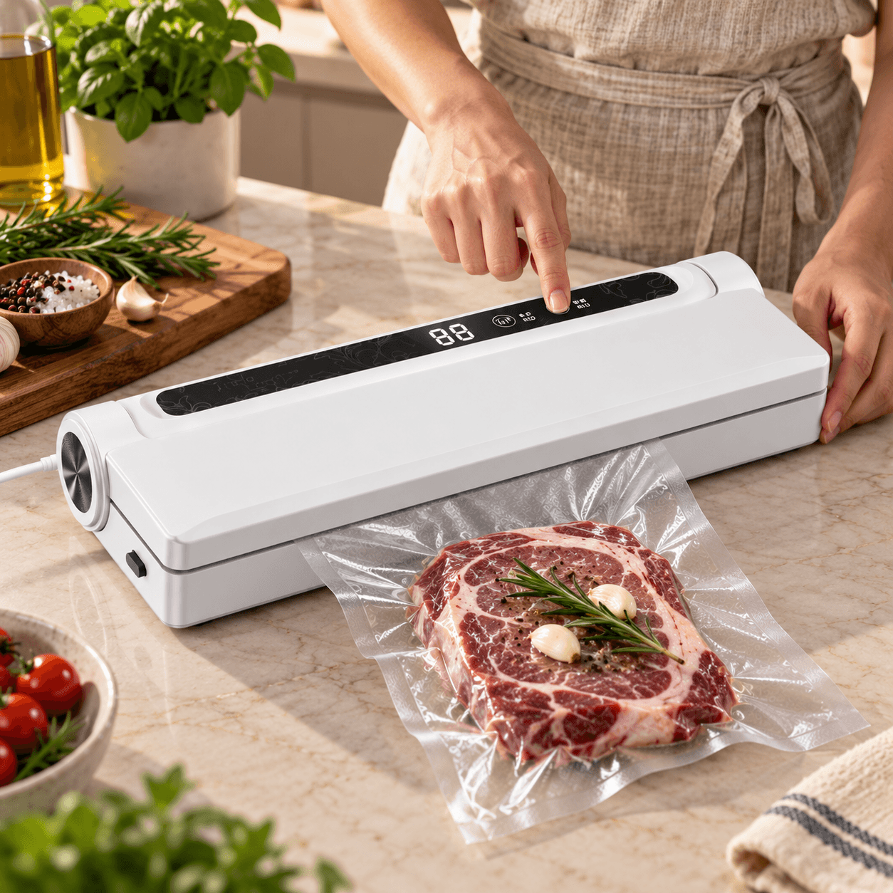 Hand drückt den Knopf am Vakuumiergerät, ein Steak im Beutel wird gerade versiegelt
