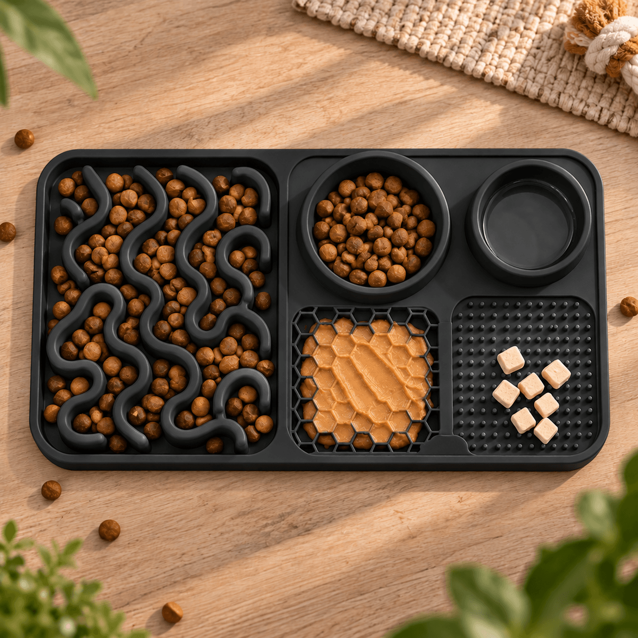 Schleck- und Futtermatte in Schwarz mit Labyrinth, Wabenfläche, Noppenfläche und Napf