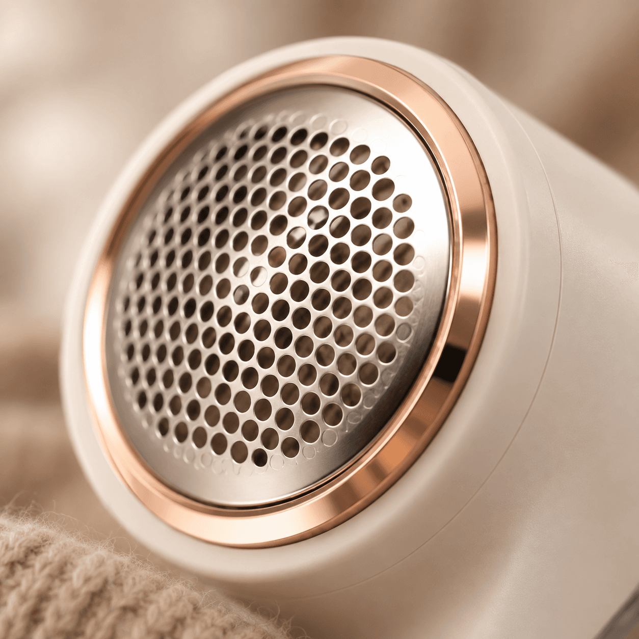 Makro des Edelstahl-Scherkopfs mit Wabengitter und Rosegold-Ring