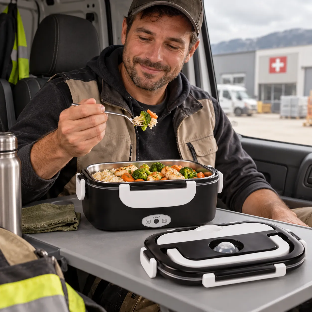 Mann isst aus einer elektrischen Lunchbox im parkierten Lieferwagen