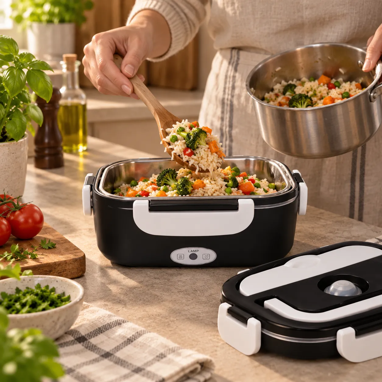 Essen wird morgens aus einem Topf in die elektrische Lunchbox gefüllt