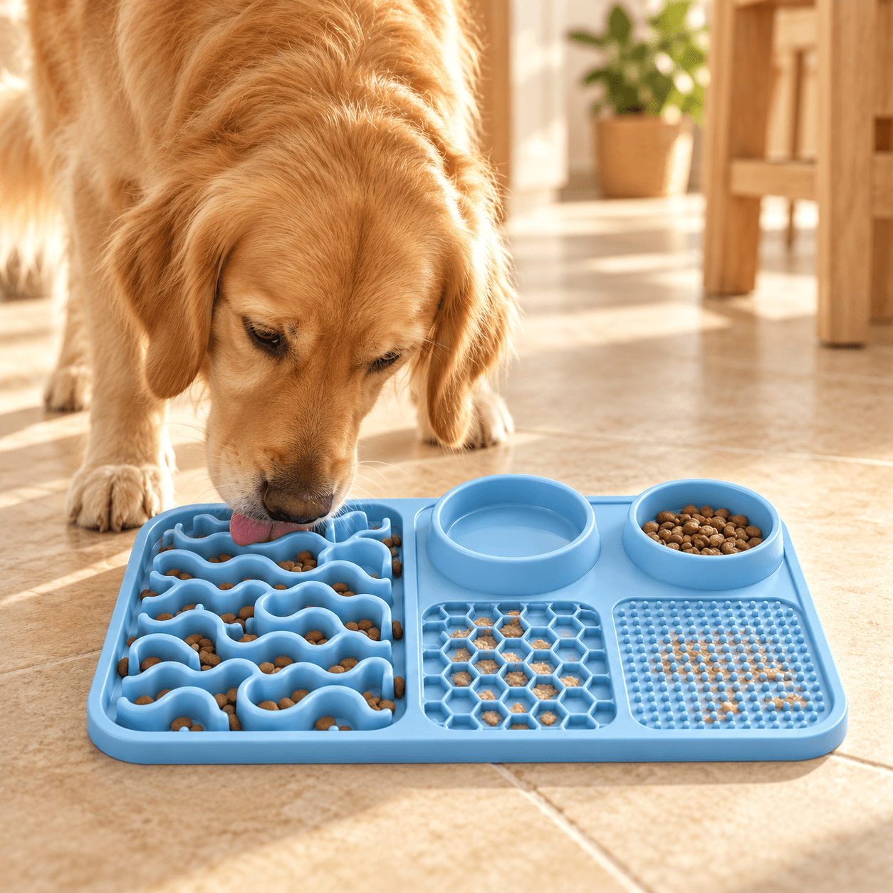 Goldener Labrador Retriever frisst von der blauen Futtermatte mit verteiltem Trockenfutter