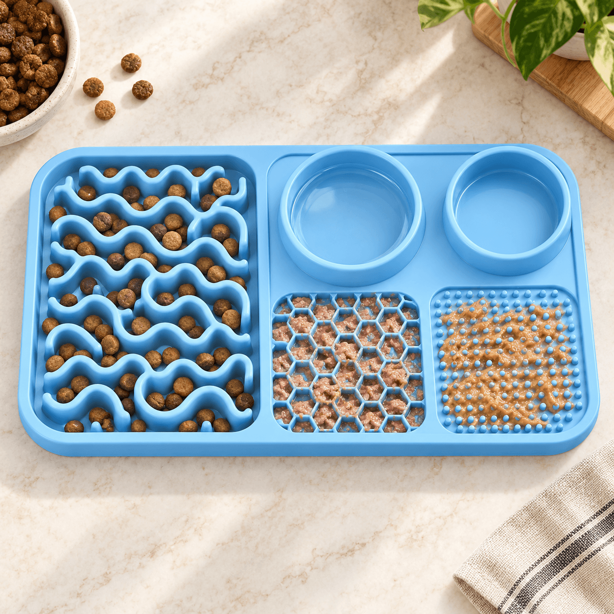 Draufsicht auf die blaue Futtermatte mit markierten Zonen für Trockenfutter, Nassfutter und Wasser