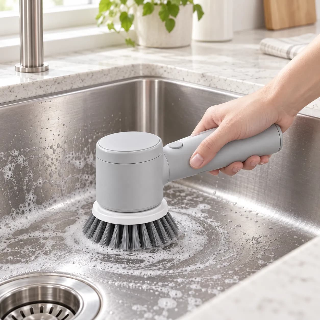 Elektrische Reinigungsbürste in einem Edelstahl-Küchenspülbecken mit Wasserschaum und kreisförmigen Reinigungsspuren