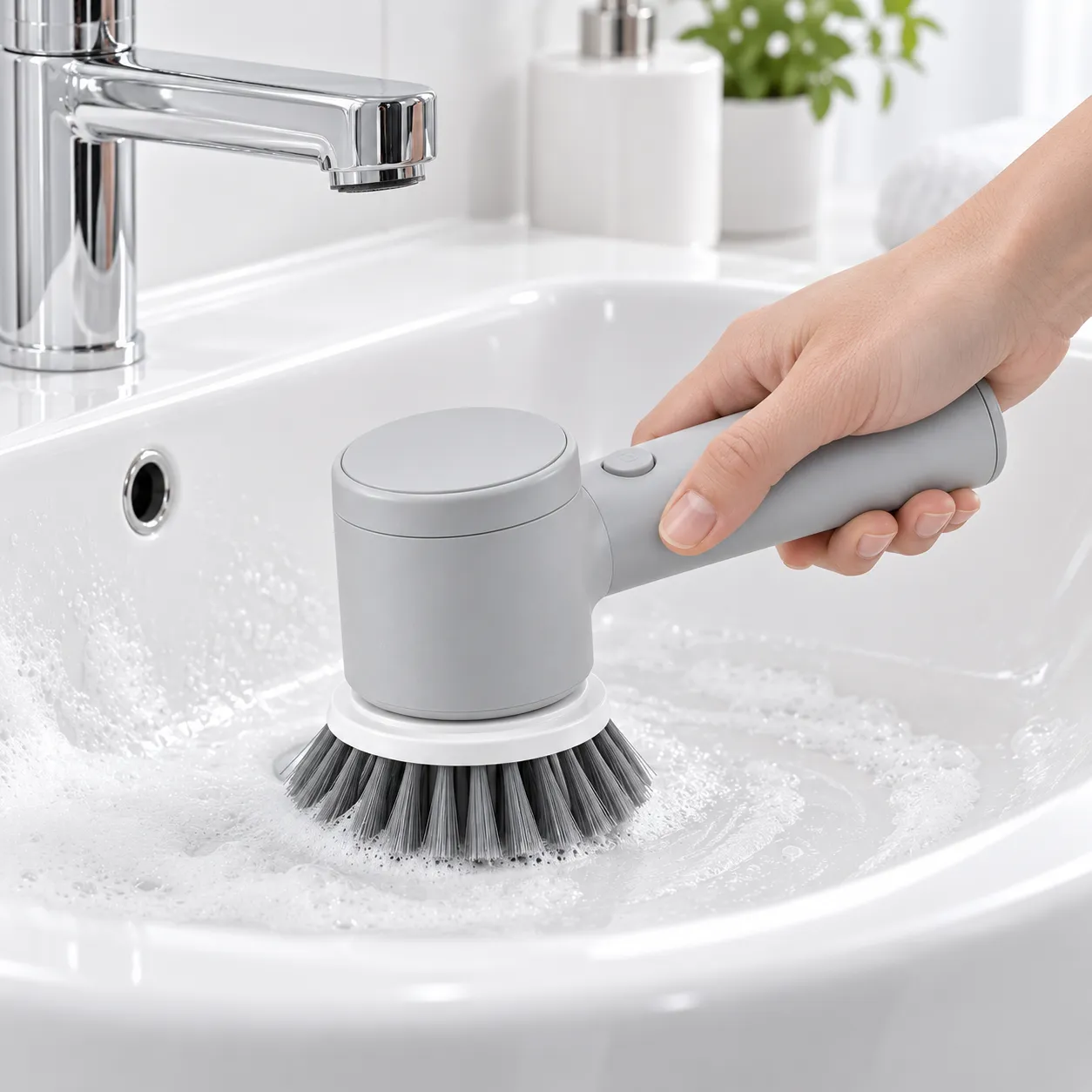 Hand führt die elektrische Reinigungsbürste über die gerundeten Innenflächen eines weissen Keramik-Waschbeckens mit Wasserschaum