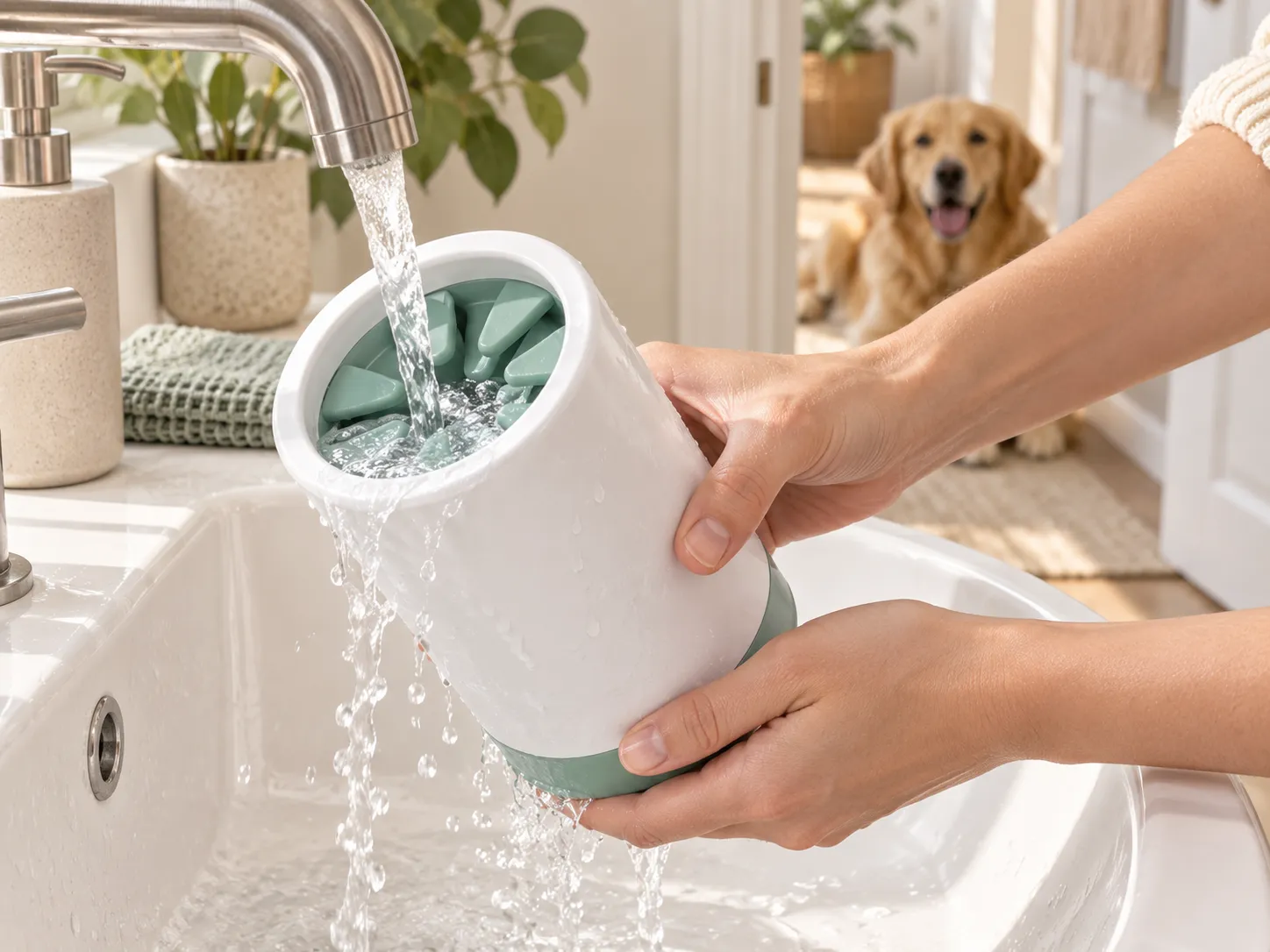 Pfotenreiniger wird unter fliessendem Wasser am Waschbecken ausgespült, entspannter Hund im Hintergrund