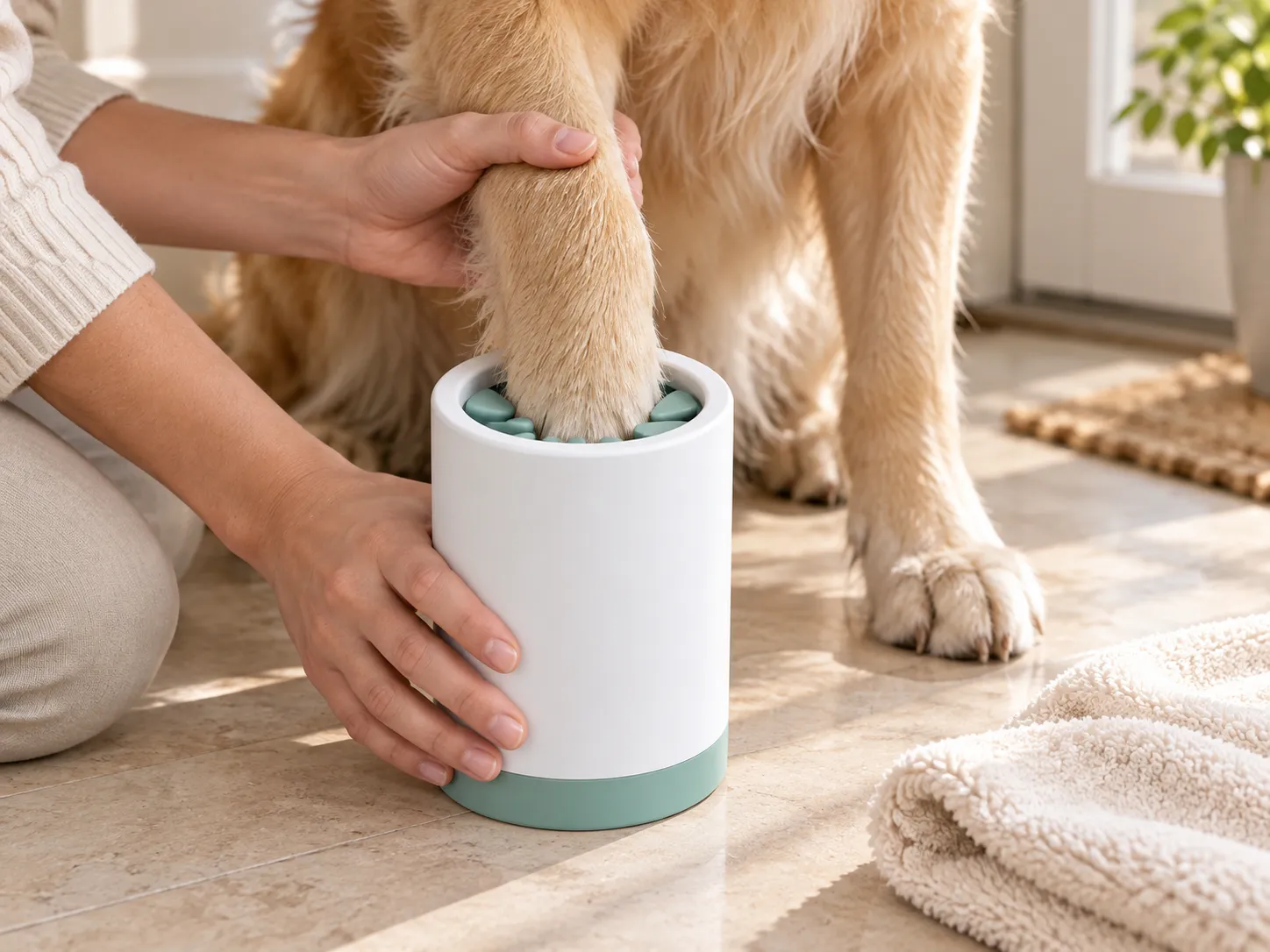 Besitzerin kniet und führt die Pfote eines Golden Retrievers behutsam in den Pfotenreiniger direkt an der Haustür