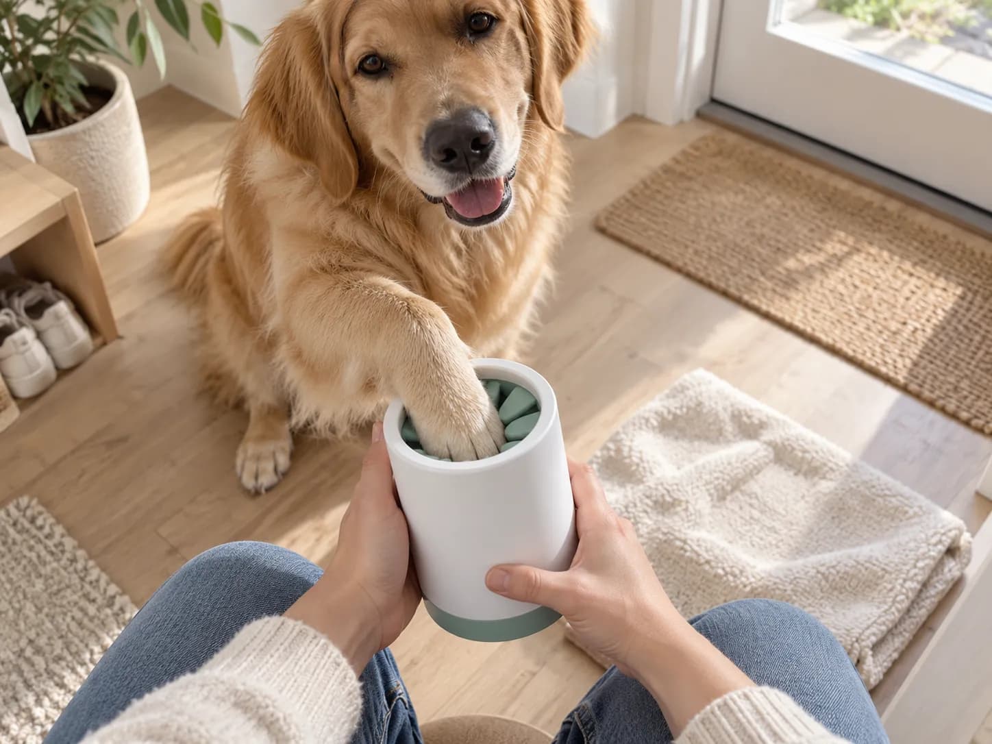 Blick über die Schulter der Besitzerin: Golden Retriever schaut fröhlich in die Kamera, Pfote im Pfotenreiniger