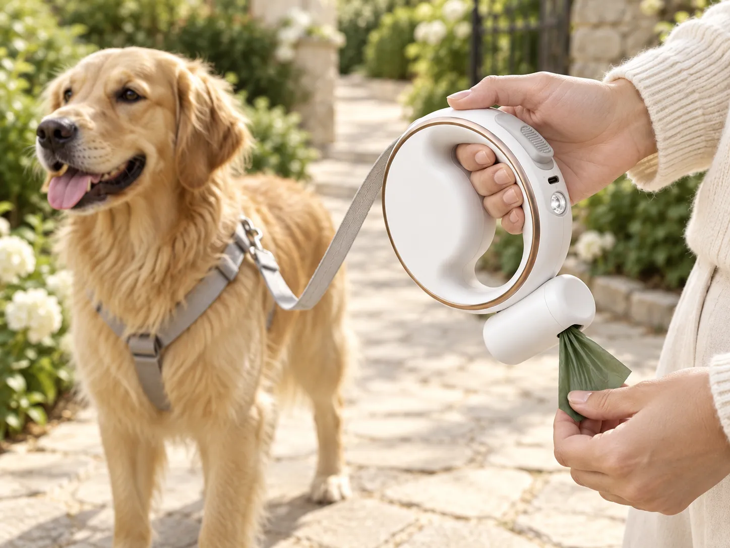 Hand hält Automatik-Leine mit befestigter Beutelbox, Golden Retriever steht im Garten im Hintergrund