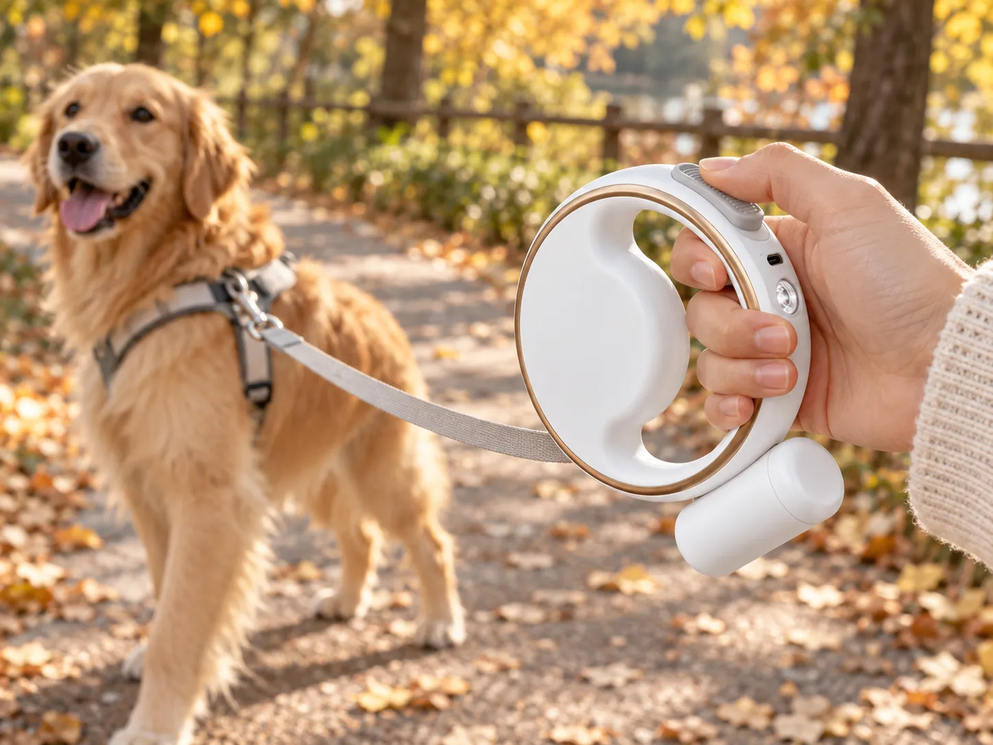 Hand hält Automatik-Leine im Herbstpark, Daumen am Schieber, Golden Retriever steht im Hintergrund