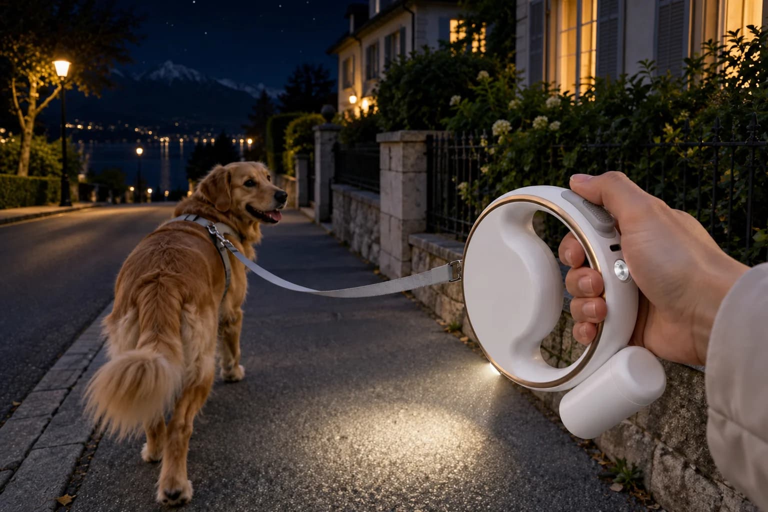 Hand hält beleuchtete Automatik-Leine bei Nacht am Seeufer, Golden Retriever steht auf dem dunklen Gehweg, LED-Lichtpool auf dem Boden