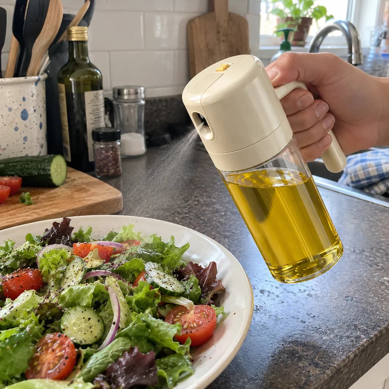Hand sprüht Olivenöl fein über einen frischen Salat