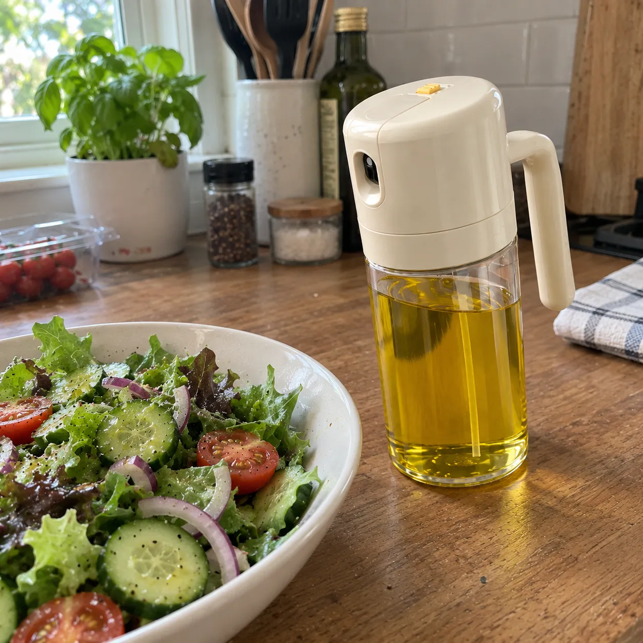 Olivenöl-Sprüher aus Glas neben einer Salatschüssel